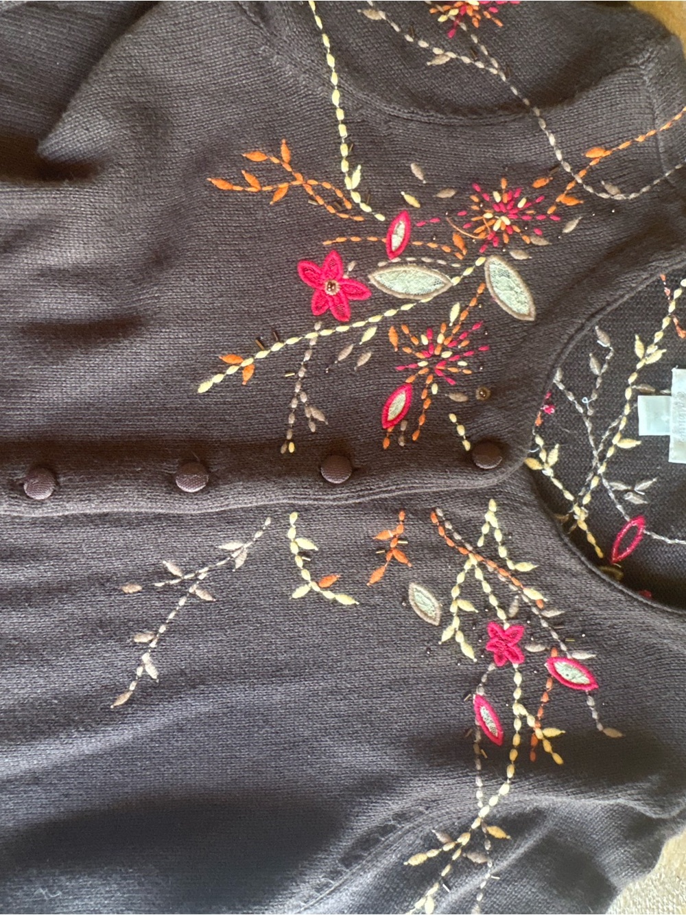 Christopher & Banks Brown Cardigan with Pink and Orange Fall Floral Embroidery - Picture 3 of 6